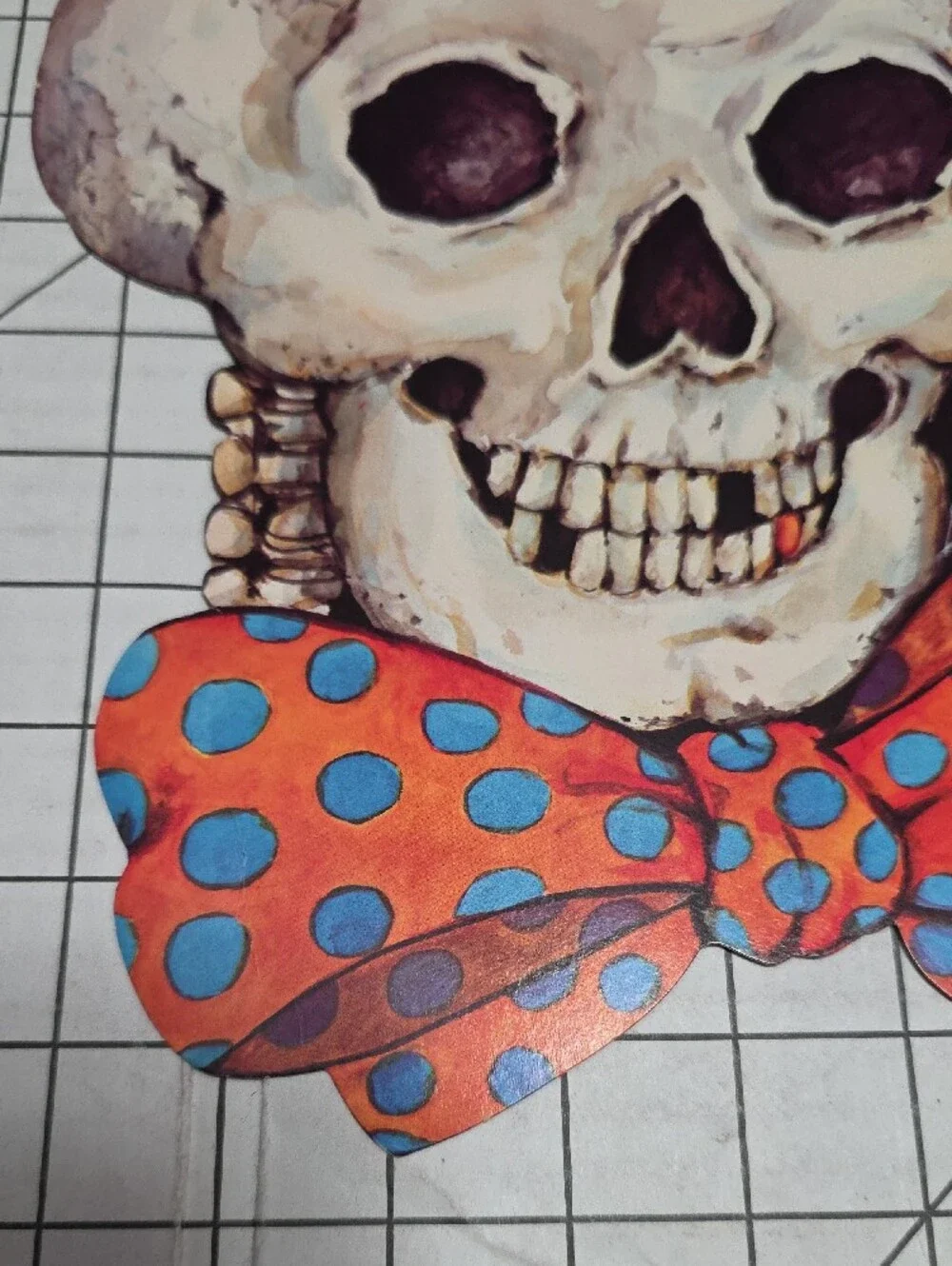 Halloween Skull with Polka Dot Bow Tie and Mini Hat, VTG, 10
